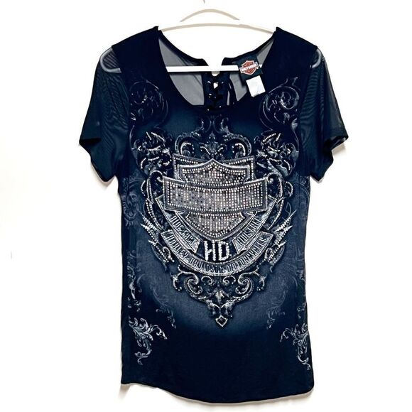 NWOT Harley-Davidson Women's Autumn Rust Embellished Mesh Sleeves Tee, Black M - Picture 2 of 9